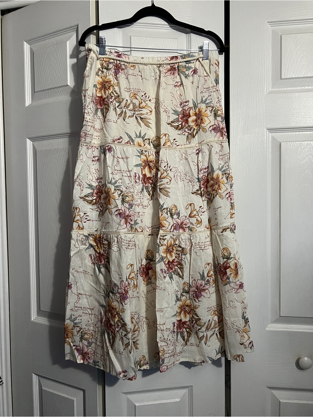Calypso St. Barth Cream Tiered Maxi Skirt with Pink & Gold Floral Print